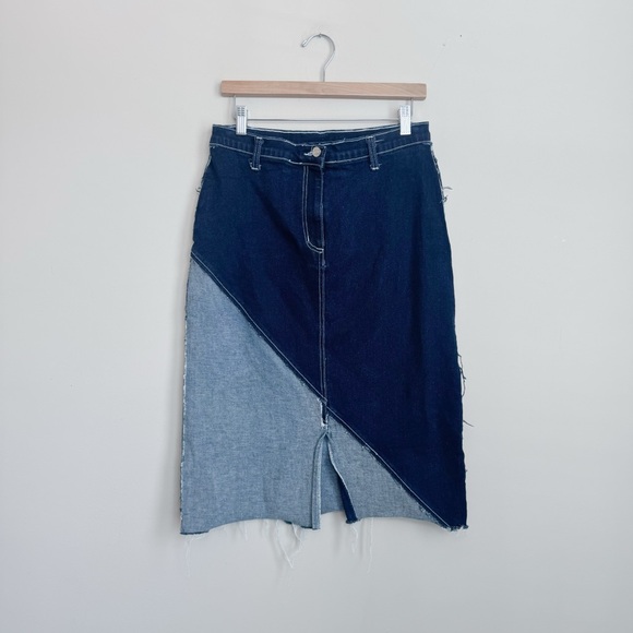 VINTAGE Y2K COLOR BLOCK DENIM MIDI SKIRT - Picture 2 of 8